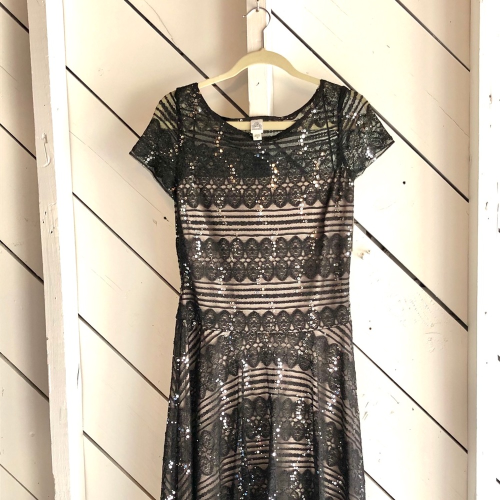 Tea-Length Lace + Sequin Dress with Short Sleeves